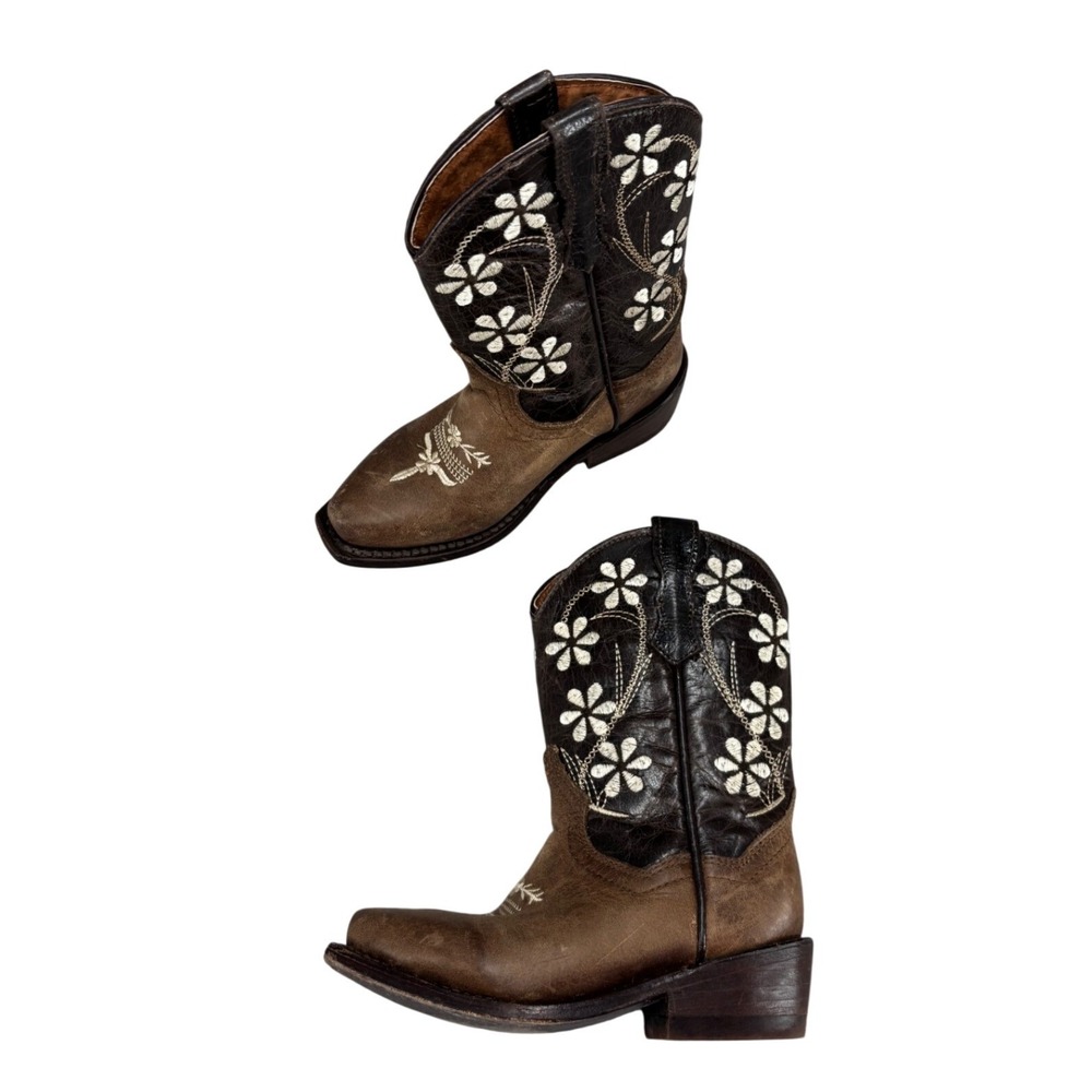 Veretta Boots Kids Brown Leather Floral Embroidered Western Cowboy Boots Size 10
